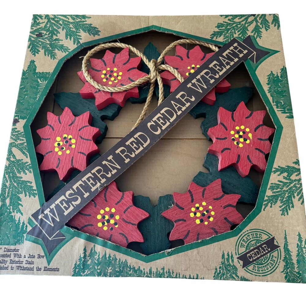 Poinsettia Wooden Cutout Outdoor Wreath Western Red Cedar 19" Jute Bow Christmas